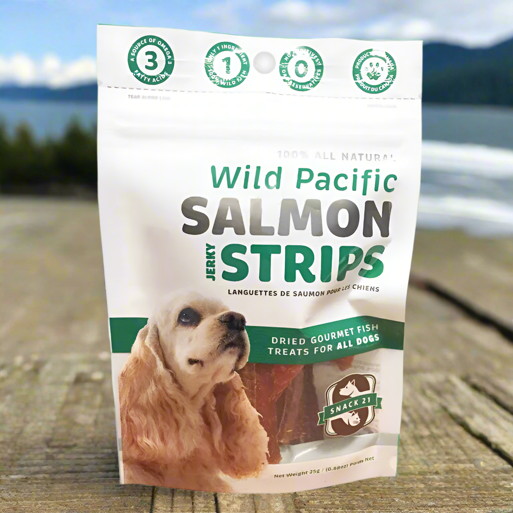 Package of Wild Pacific Salmon Strips for dogs on a white background